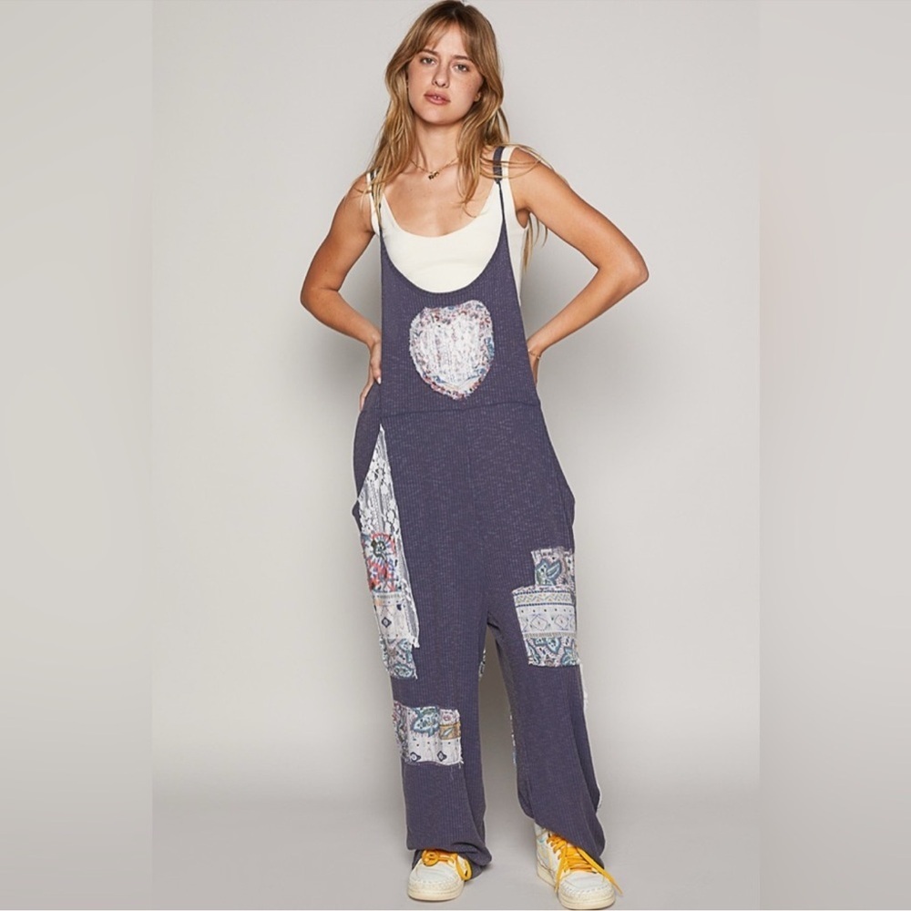 NEW! POL Patchwork Jumpsuit in Blue/Gray Size S Oversized